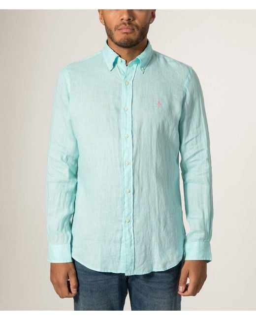Polo Ralph Lauren Blue Custom Fit Linen Shirt for men