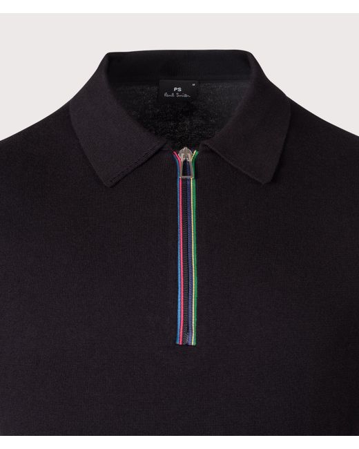 Paul Smith Black Regular Fit Sports Stripe Zip Knitted Cotton Polo Shirt for men
