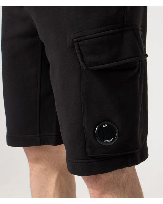 C P Company Black Regular Fit Cotton Diagonal Fleece Cargo Sweatshorts for men