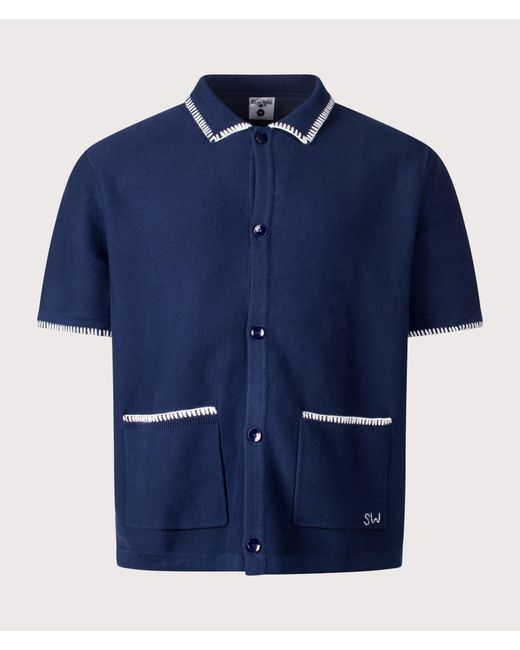 Service Works Blue Blanket Stitch Short Sleeve Knitted Shirt for men