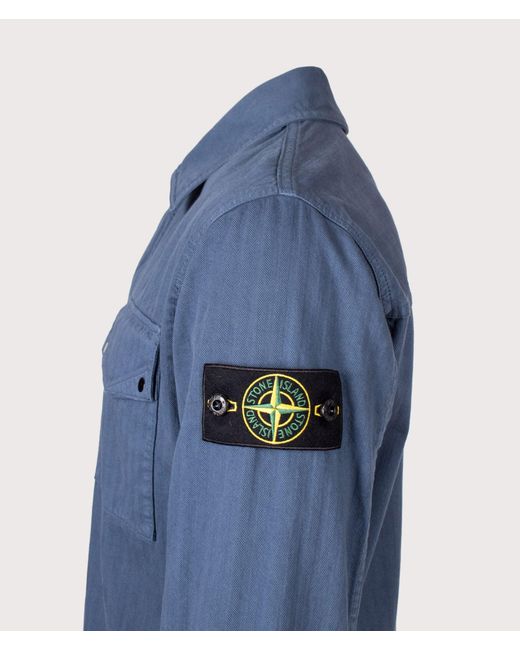 Stone Island Blue Cotton Herringbone Overshirt for men