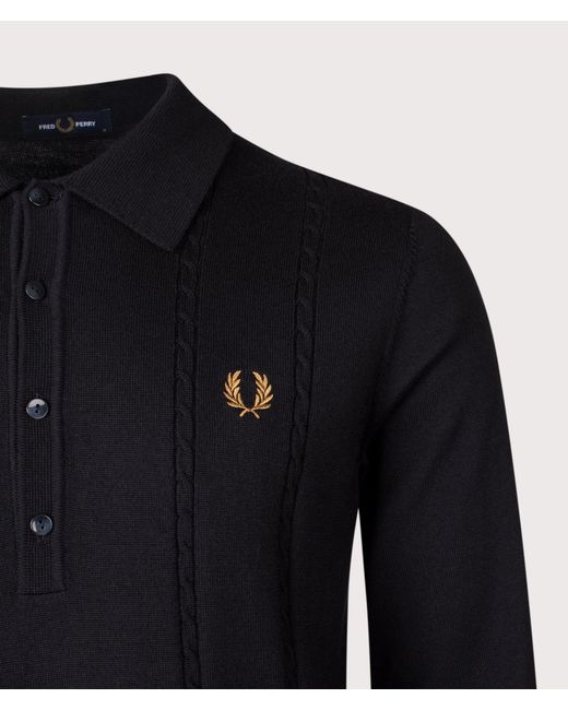 Fred Perry Blue Regular Fit Long Sleeve Cable Knitted Polo Shirt for men