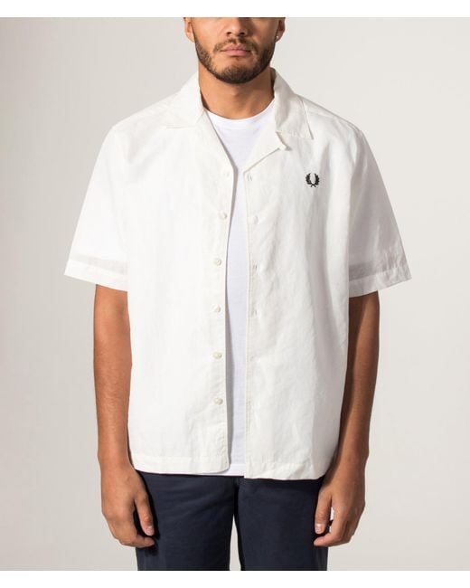 Fred Perry White Relaxed Fit Linen Blend Revere Collar Shirt for men