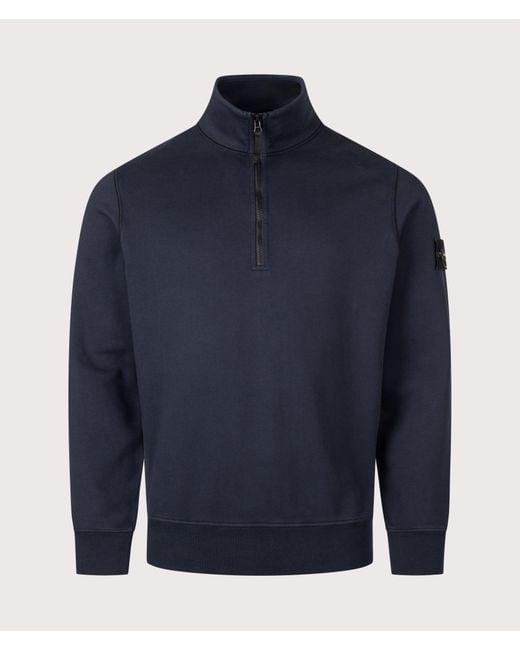 Stone Island Blue Organic Cotton Fleece Quarter Zip Sweatshirt for men