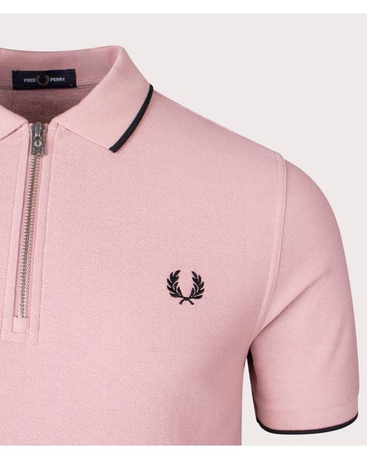 Fred Perry Pink Crepe Pique Zip Neck Polo Shirt for men