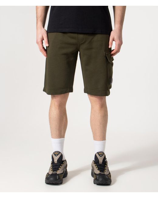 C P Company Green Regular Fit Cotton Diagonal Fleece Cargo Sweatshorts for men