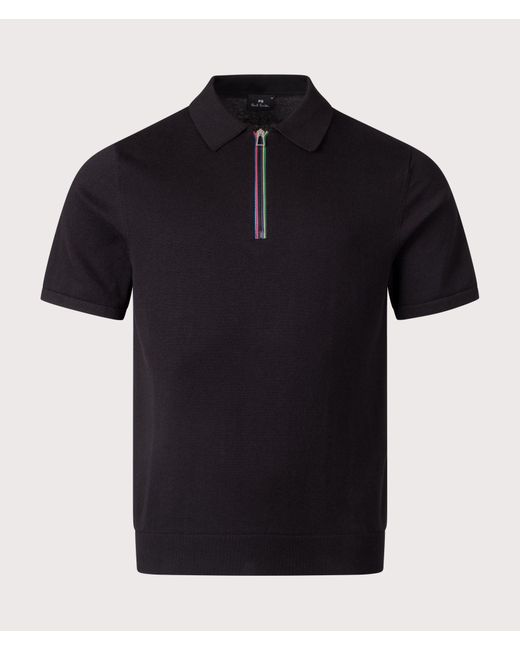 Paul Smith Black Regular Fit Sports Stripe Zip Knitted Cotton Polo Shirt for men