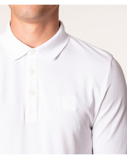 Boss White Slim Fit Long Sleeve Passerby Polo Shirt for men