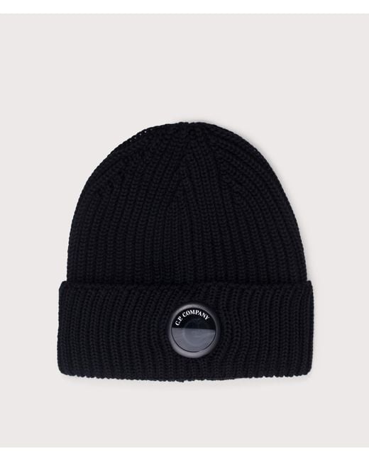 C P Company Black Extrafine Merino Wool Lens Beanie for men