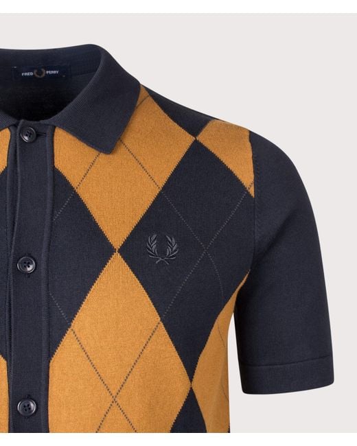 Fred Perry Blue Regular Fit Argyle Button Through Knitted Shirt for men