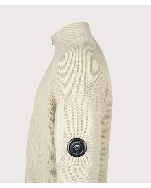 C P Company Natural Waffle Knit Zip Through Lens Cardigan for men