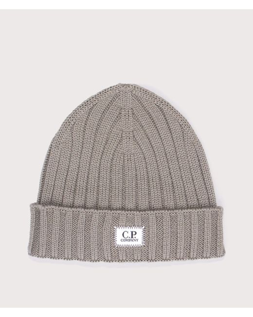 C P Company Gray Extrafine Merino Wool Logo Beanie for men
