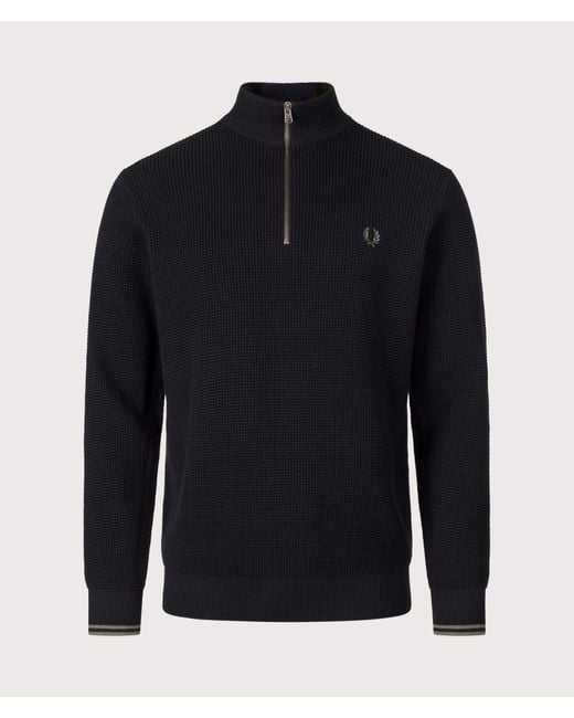 Fred Perry Blue Regular Fit Waffle Stitch Quarter Zip Jumper for men