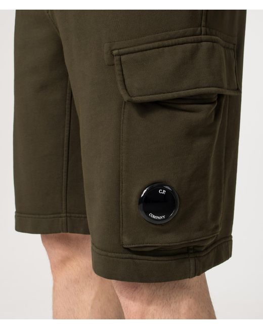 C P Company Green Regular Fit Cotton Diagonal Fleece Cargo Sweatshorts for men