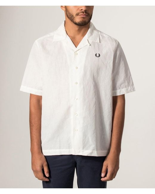Fred Perry White Relaxed Fit Linen Blend Revere Collar Shirt for men