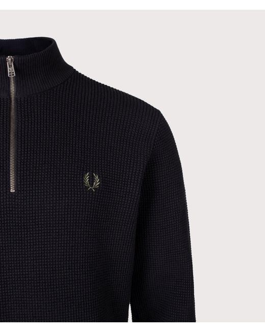 Fred Perry Blue Regular Fit Waffle Stitch Quarter Zip Jumper for men