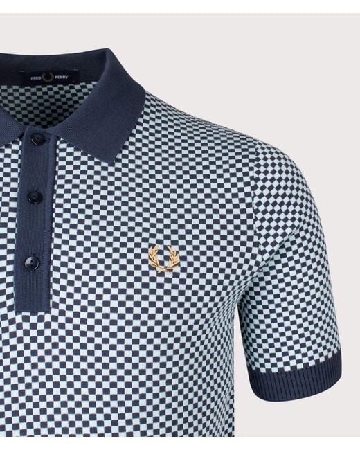 Fred Perry Blue Regular Fit Chequerboard Knitted Polo Shirt for men