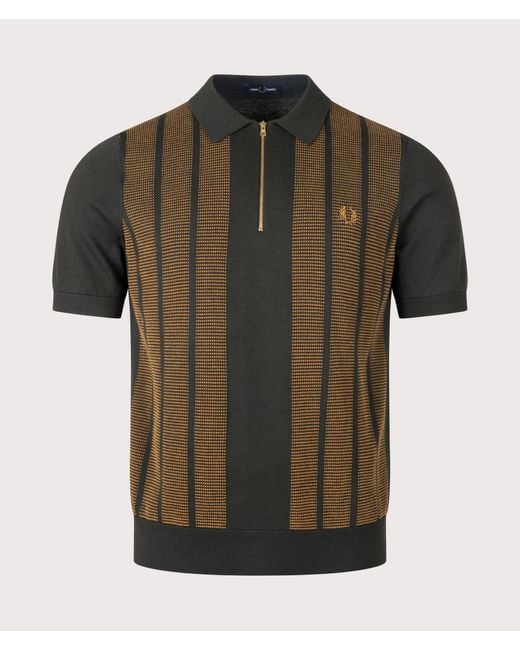 Fred Perry Green Regular Fit Textured Panel Zip Neck Knitted Polo Shirt for men