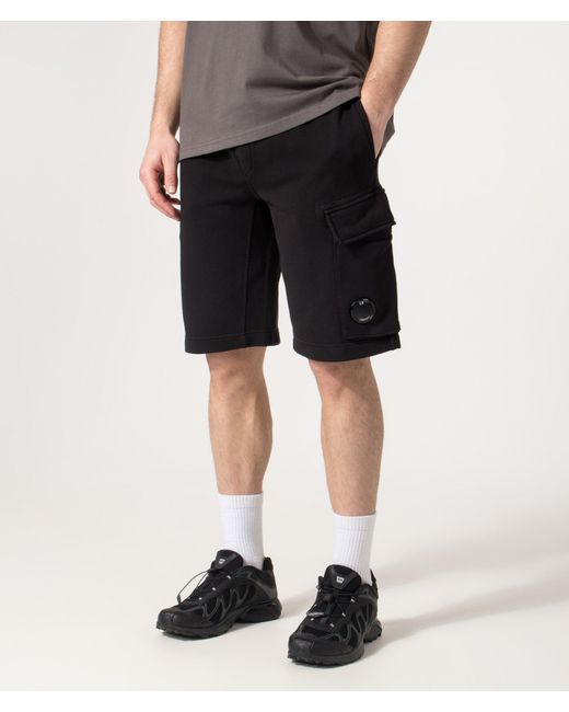 C P Company Black Regular Fit Cotton Diagonal Fleece Cargo Sweatshorts for men