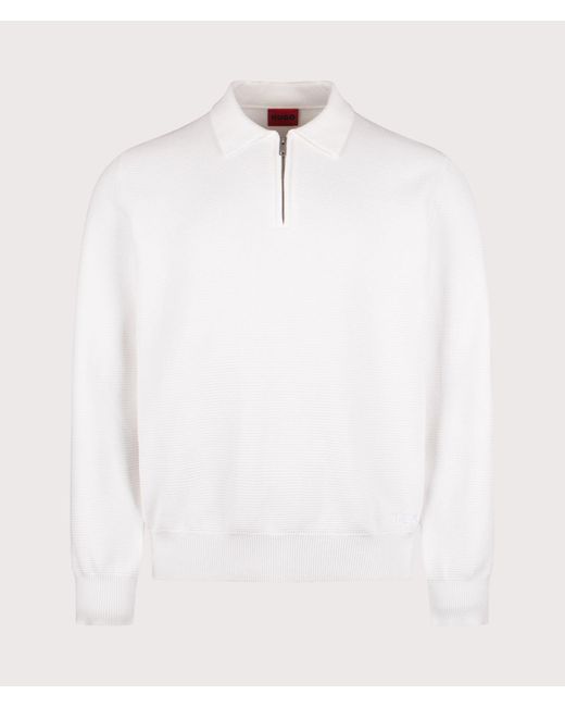 HUGO White Relaxed Fit Long Sleeve San Pauley Polo Shirt for men