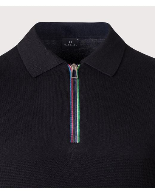 Paul Smith Black Regular Fit Knitted Quarter Zip Polo Shirt for men