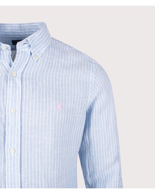 Polo Ralph Lauren Blue Custom Fit Striped Linen Shirt for men