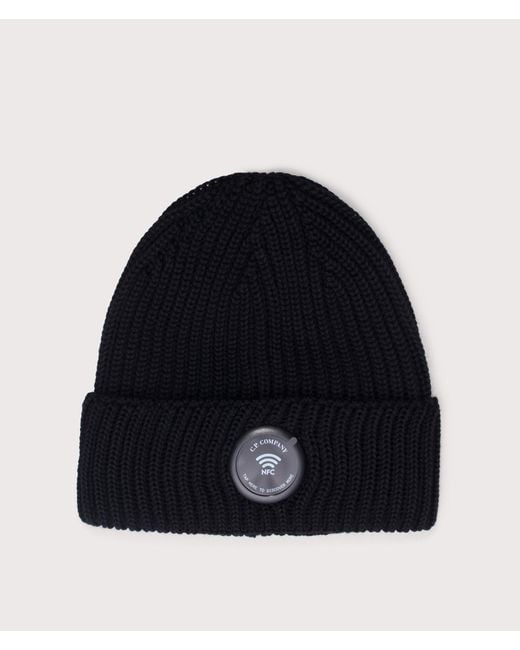 C P Company Black Extrafine Merino Wool Lens Beanie for men