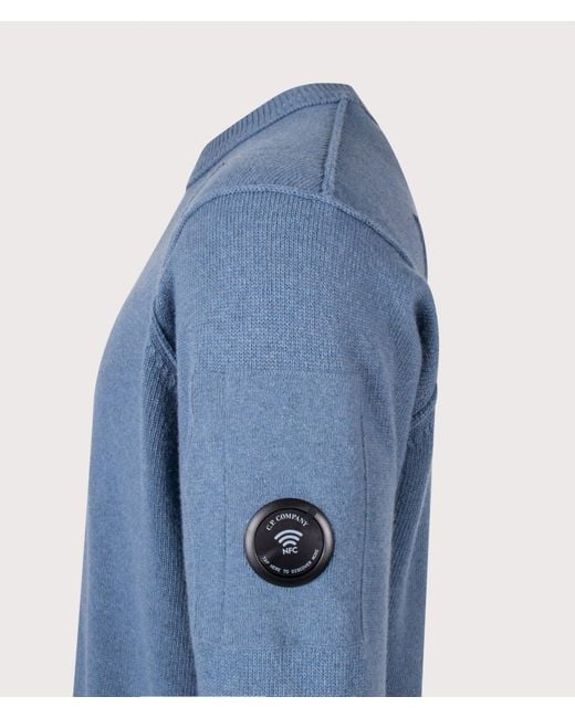 C P Company Blue Lambswool Grs Crewneck Lens Jumper for men
