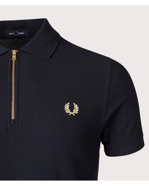 Fred Perry Blue Regular Fit Stripe Tape Zip Neck Polo Shirt for men