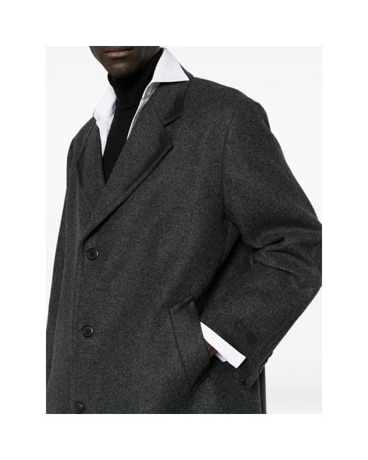 Prada Black Leather-Trimmed Single-Breasted Coat for men