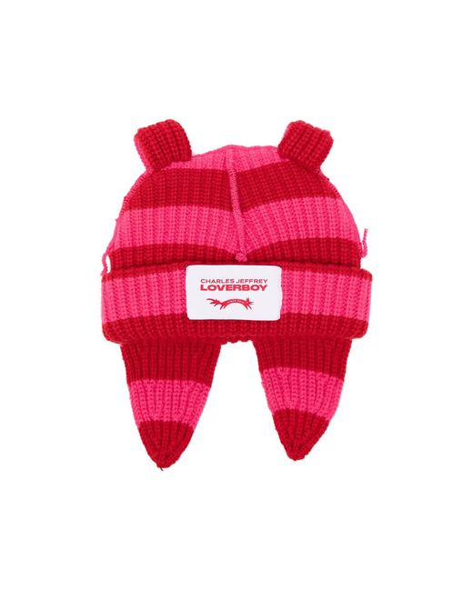 Charles Jeffrey Red Chunky Rabbit Striped Beanie Hat for men