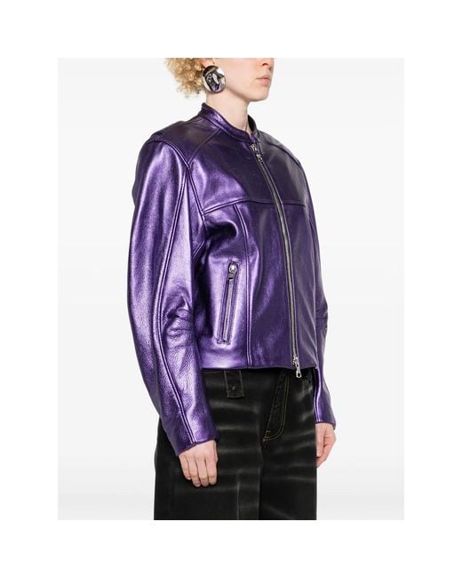 LAQUAN SMITH Purple Metallic Leather Bomber Jacket