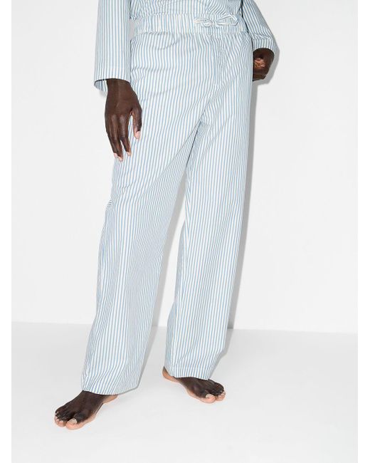 Tekla Blue Striped Drawstring Poplin Pajama Bottoms