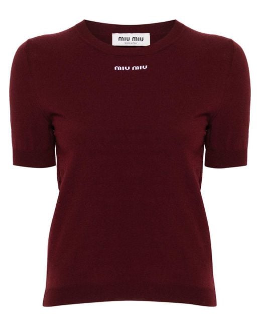 Miu Miu Intarsia-Logo Knitted Top in Red | Lyst