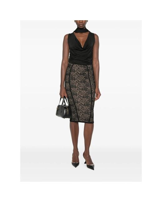 Elisabetta Franchi Black Lace-Pattern Logo-Detail Midi Skirt