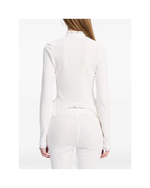 Ann Demeulemeester White Lace-Trim Ribbed Top