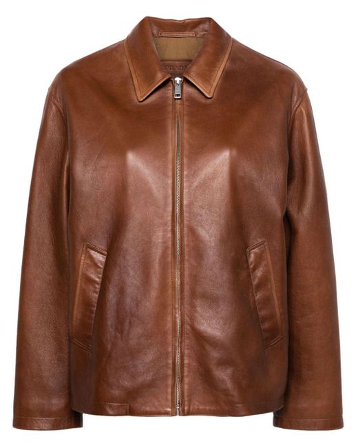 Prada Brown Triangle-logo Leather Jacket - Women's - Cotton/lambskin