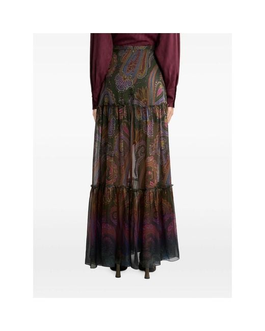 Etro Brown Silk Maxi Skirt With Placed Paisley Print
