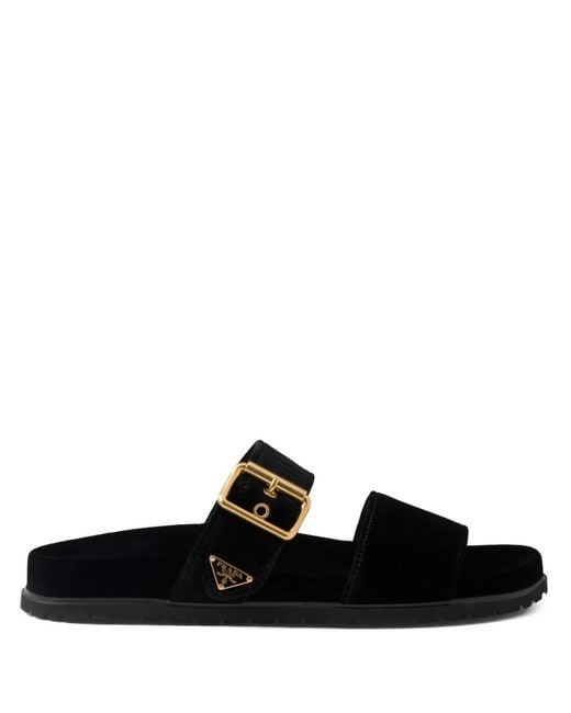 Prada Black Triangle-Logo Velvet Slides