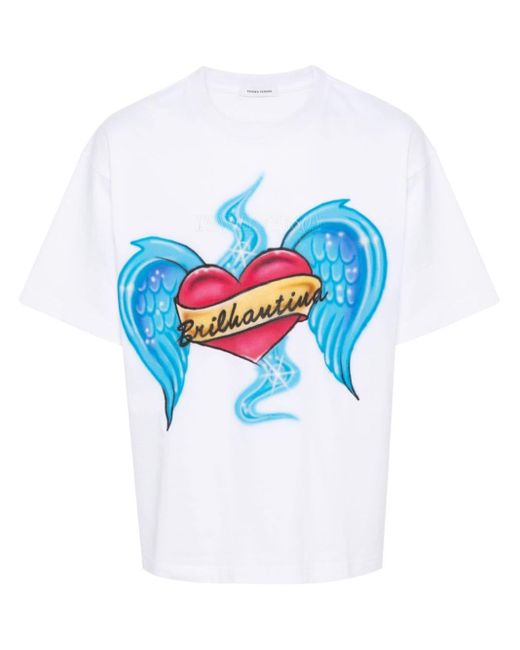TENDER PERSON Blue Heart-Print Cotton T-Shirt for men