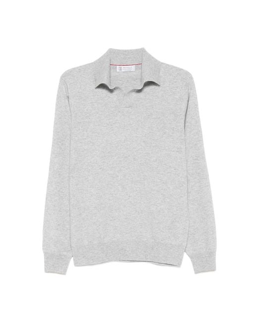 Brunello Cucinelli White Long-Sleeve Polo Sweater for men