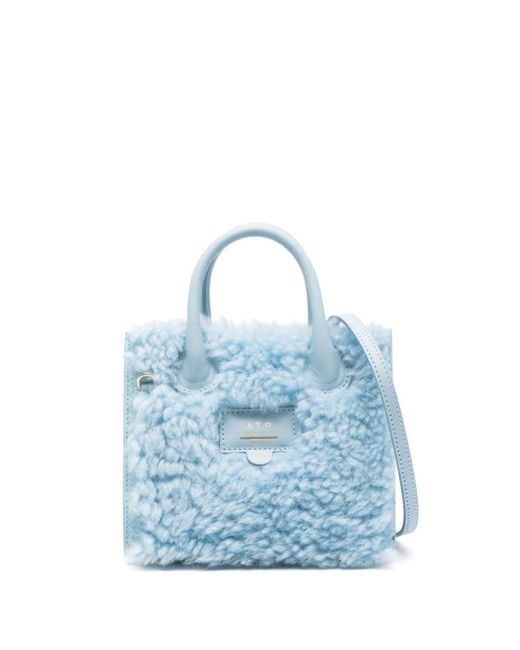 Atp Atelier Blue Logo-patch Shearling Tote Bag