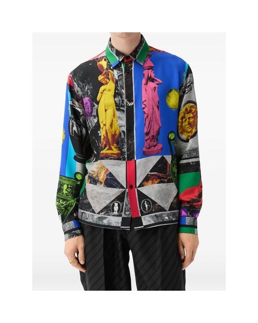 Versace Blue Printed Silk Twill Regular Shirt for men
