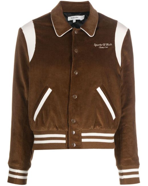 Sporty & Rich Brown Logo-Embroidered Corduroy Bomber Jacket