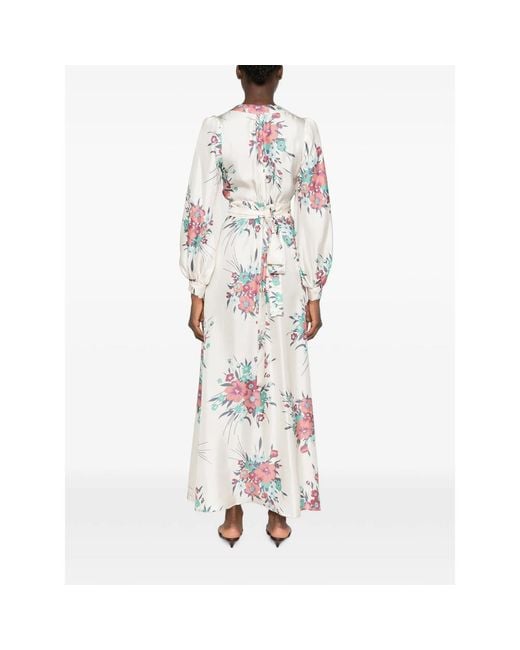Raquel Diniz White Aurora Floral-Print Silk-Satin Maxi Dress