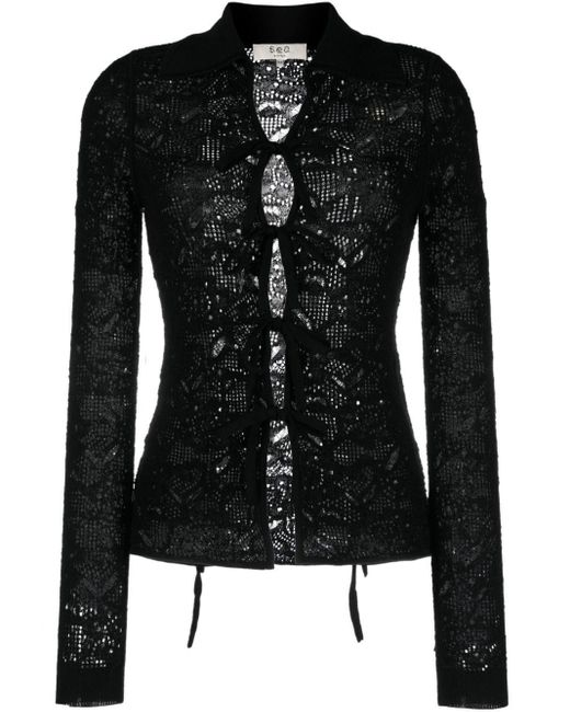Sea Black Spread-collar Lace Wool Top