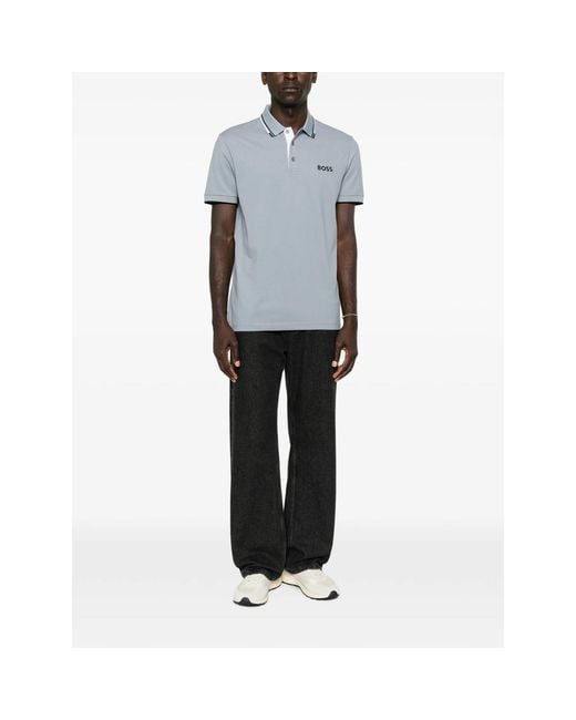 Boss Blue Logo-Print Tipped Polo Shirt for men