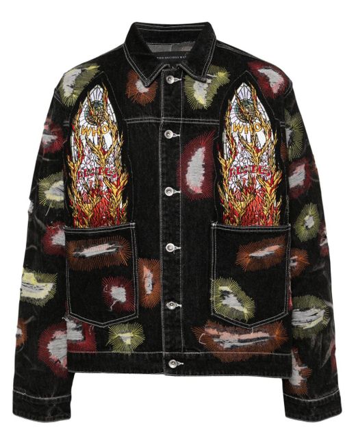 Who Decides War Black Embroidered Buttoned Denim Jacket for men