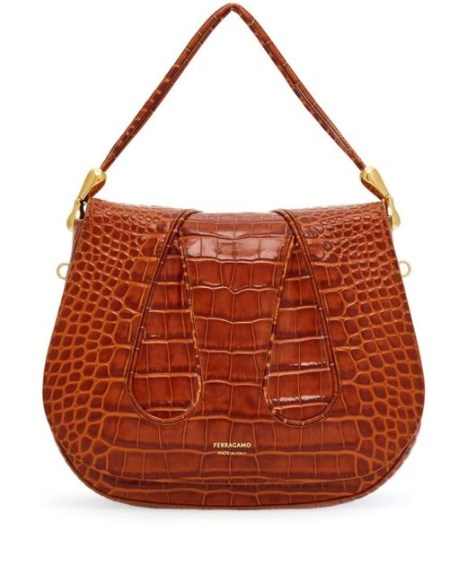 Ferragamo Brown Crocodile-Effect Leather Shoulder Bag