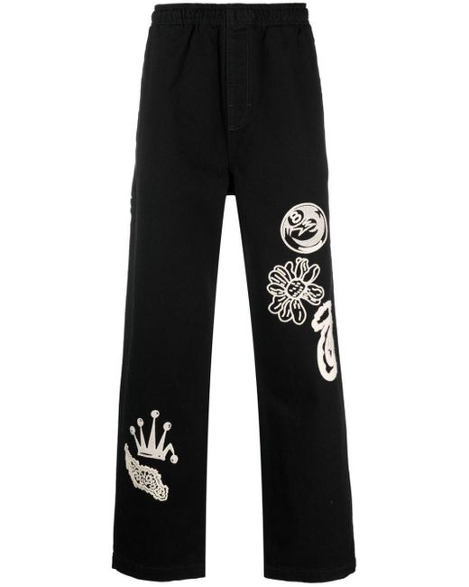 Stussy Black Graphic-embroidered Straight-leg Trousers for men